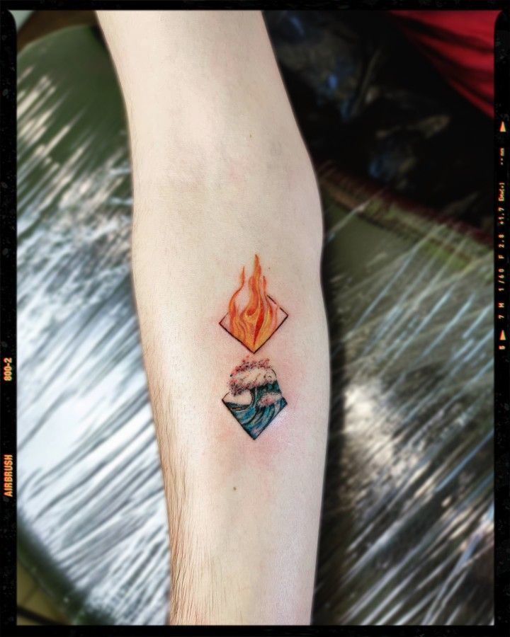 Inspiration Water And Fire Matching Tattoo, Element Tattoo Ideas, Rhombus Tattoo, Fire And Ice Tattoo, Fire And Water Tattoo, Small Friendship Tattoos, Son Tattoos, Element Tattoo, Tato Tradisional