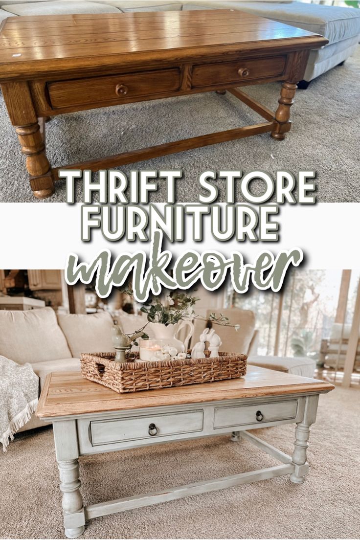 an old coffee table is transformed into a farmhouse style coffee table with thrift store furniture makeover