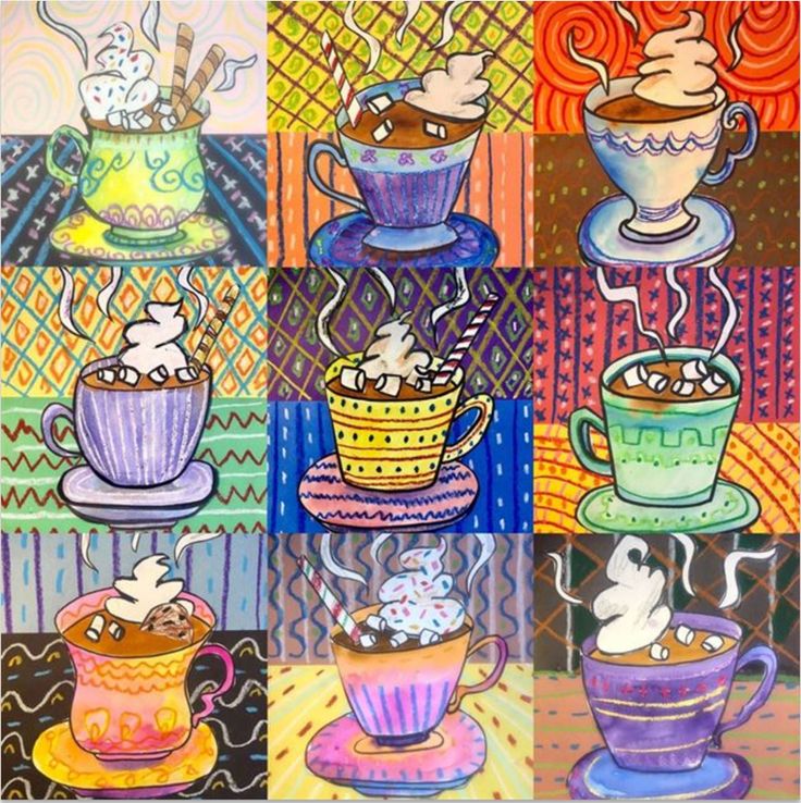 a painting of coffee cups with different toppings