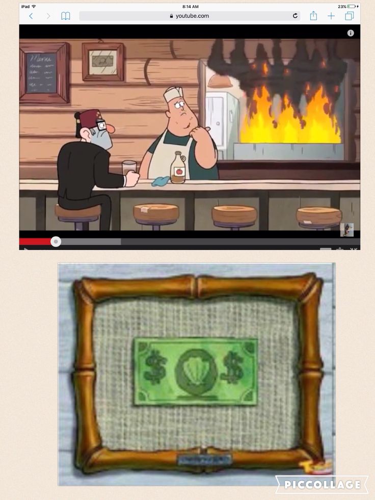 two screens showing the same cartoon character in front of a fire place and another screen with an image of a man sitting at a bar