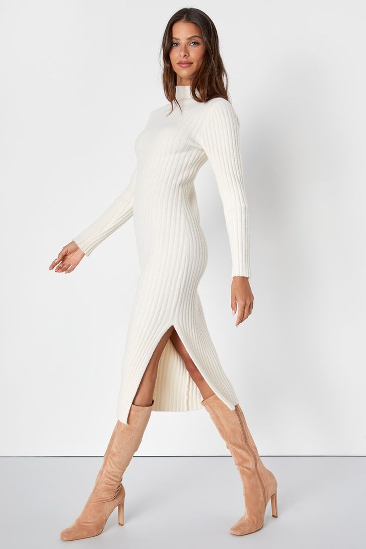 Ivory Midi Sweater Dress - Eyelash Knit Dress - Mock Neck Dress - Lulus Plush Dress, White Sweater Dress, Solid Midi Dress, Midi Sweater Dress, Hugging Silhouette, Fitted Sleeves, Lulu Fashion, Mock Neck Dress, Ribbed Dress