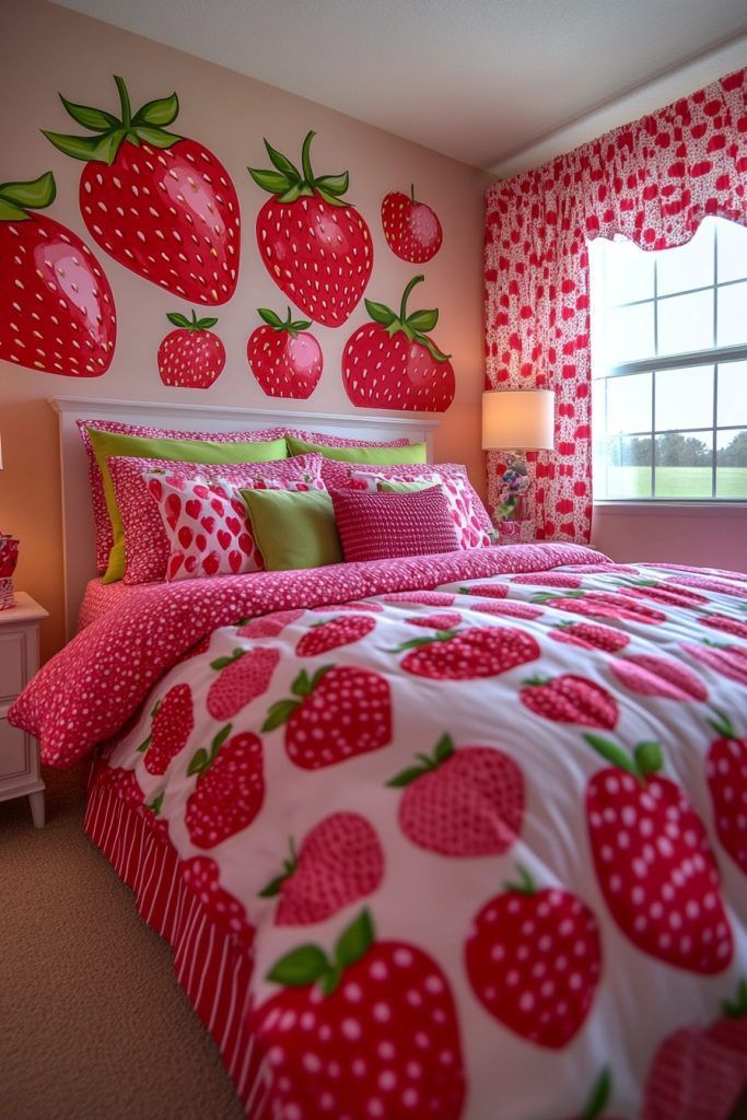 a bedroom decorated in pink and green with strawberrys on the wall above the bed