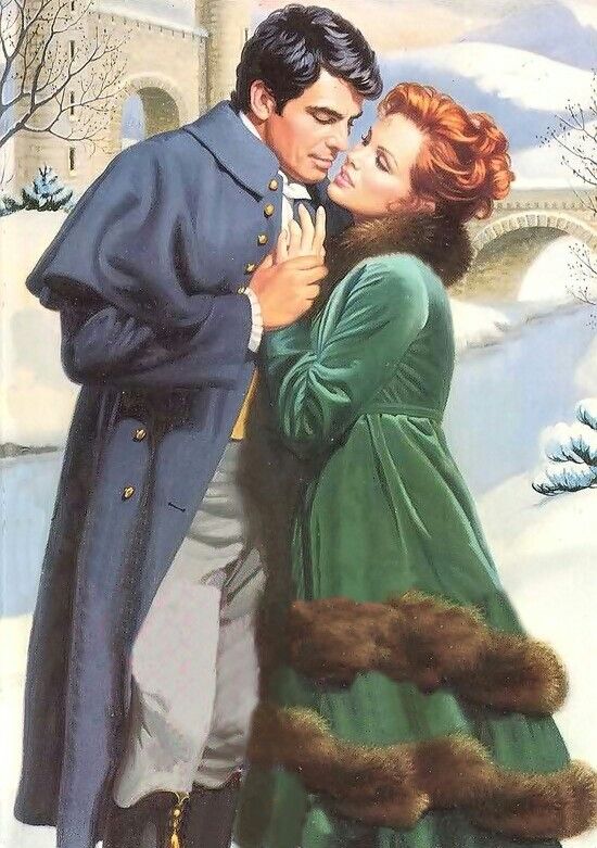 a painting of a man and woman kissing in the snow