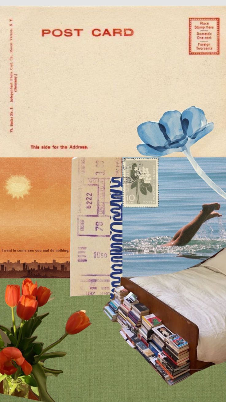 a collage of post cards with flowers and books