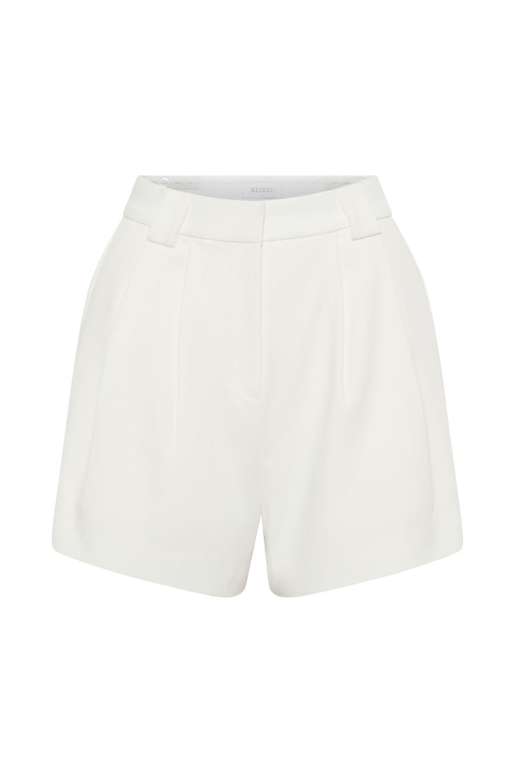 Short Staple.Discover the SIGOURNEY Suiting Shorts, a sophisticated addition to your wardrobe for effortless chic. Crafted with a relaxed fit and high-waisted design, these shorts offer both comfort and style. The front fly and trouser hook closure ensure a secure and polished fit, while the front pleat detailing adds a touch of refinement. Complete with a back mock welt pocket and belt loops, they exude timeless elegance with a contemporary twist. Unlined for lightweight wear, these shorts are Elegant Shorts For Day Out, Elegant Shorts With Short Inseam For Day Out, Chic White Bermuda Shorts With Short Inseam, Classic White Bermuda Shorts For Work, Classic Shorts For Day Out, Elegant Cream Shorts For Spring, White Bermuda Bottoms For Day Out, Classic High Waist White Shorts, Chic White Bermuda Shorts For Summer