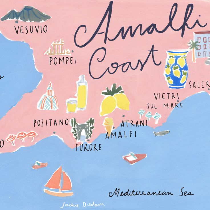 an illustrated map of the island of amalfi coast