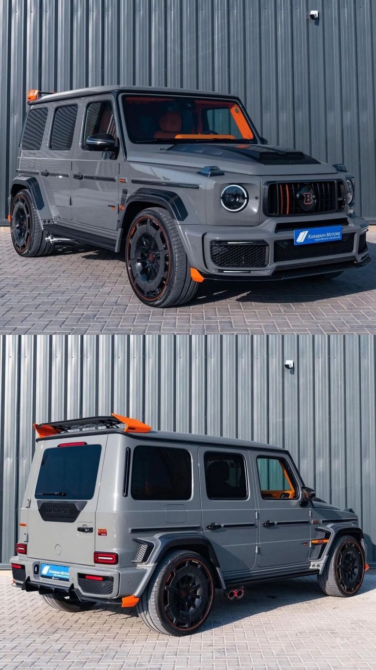 two different views of the front and side of a grey mercedes g - class suv