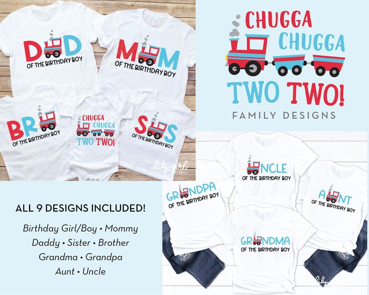 the matching family shirts are designed for each child's birthday