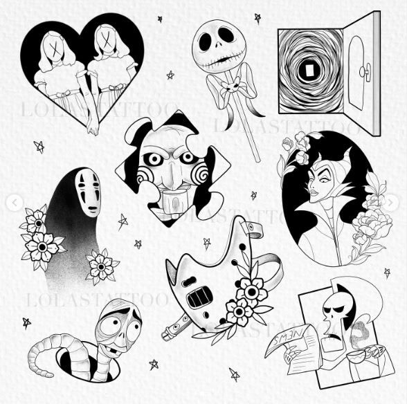 some tattoos that are in the shape of hearts and faces, with different designs on them