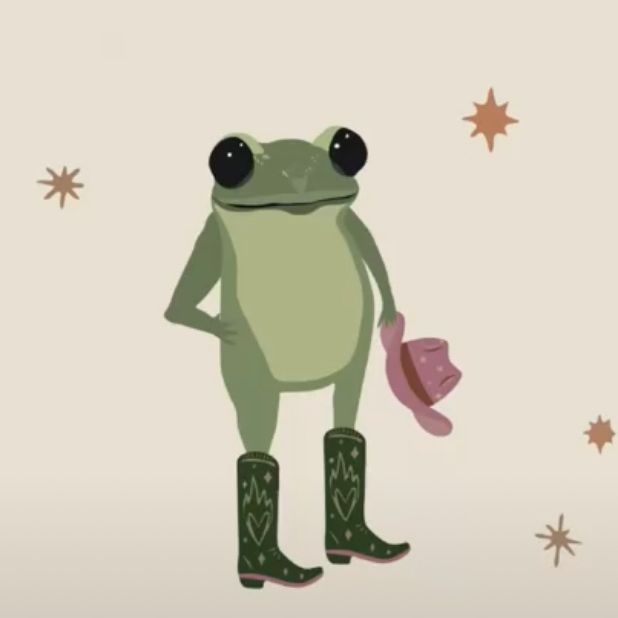 a frog with boots and a hat standing in front of stars on a beige background