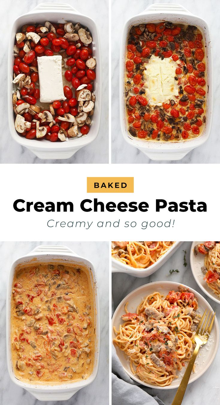 four different types of baked cream cheese pasta