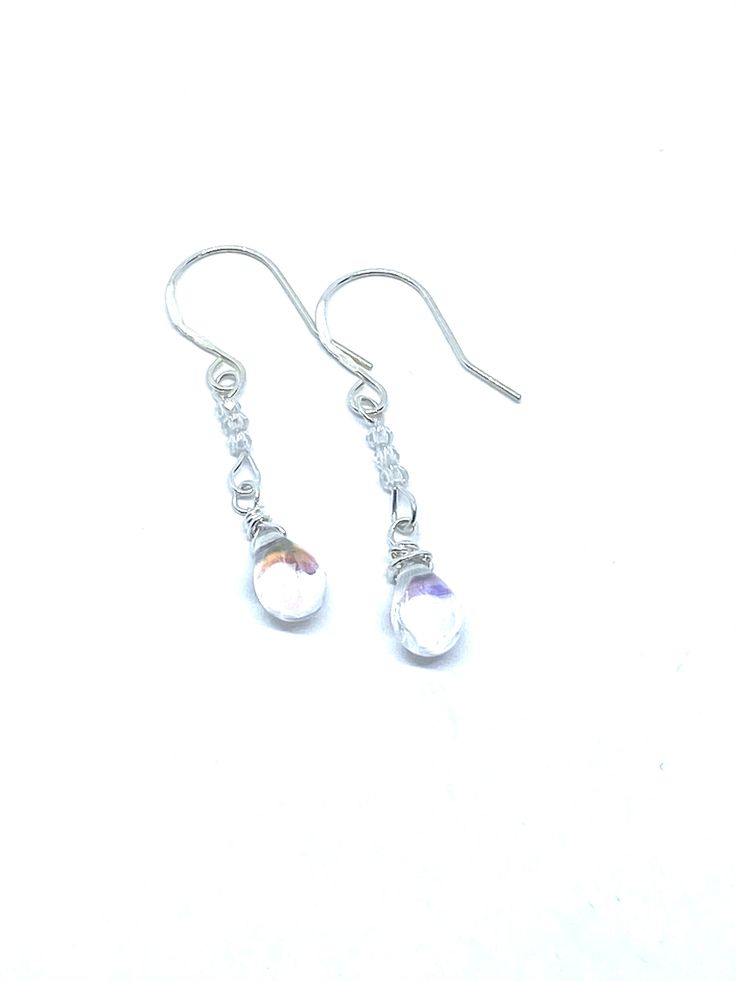 Silver Earrings Iridescent Wire Wrapped Dangle Earrings, Iridescent Sterling Silver Dangle Earrings, Sterling Silver Minimalist Dangle Crystal Earrings, Minimalist Sterling Silver Dangle Crystal Earrings, Dainty Sterling Silver Hypoallergenic Crystal Earrings, Hypoallergenic Sterling Silver Iridescent Jewelry, Hypoallergenic Iridescent Sterling Silver Jewelry, Silver Wire-wrapped Teardrop Earrings, Sterling Silver Wire-wrapped Crystal Drop Earrings