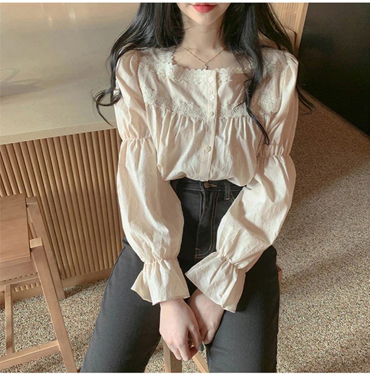 Long Puff Sleeve Square Colar Lace Blouse Shirt – Tomscloth Light Academia Outfit, Vintage Lace Blouses, Sleeves For Women, Dark Academia Outfit, Women Lace Blouse, Academia Outfits, Academia Style, Academia Fashion, Top Streetwear