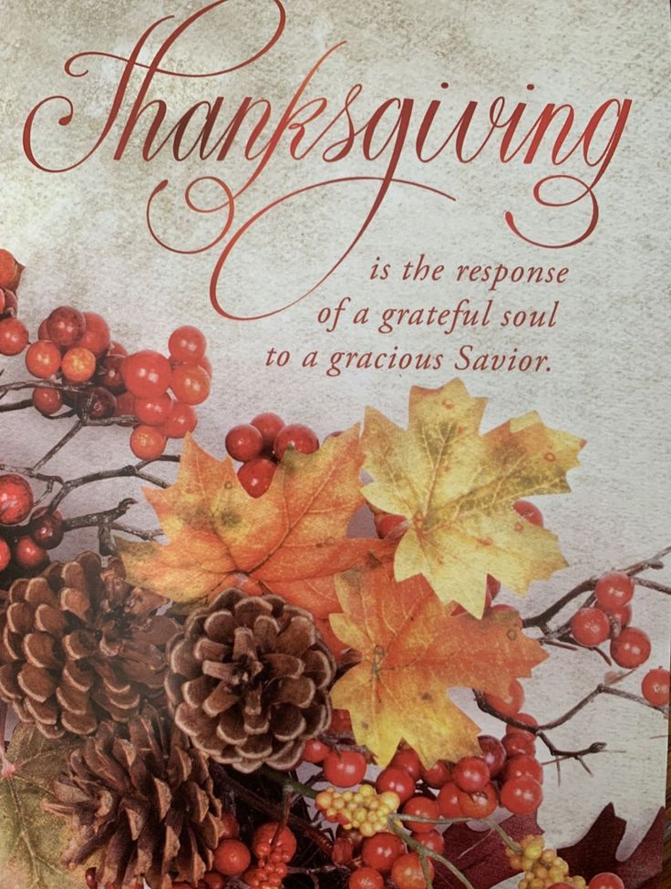 a thanksgiving card with autumn leaves, berries and pine cones on the cover is shown