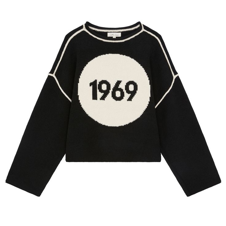 A cosy tribute to a magical year for Rock 'n' Roll and of course the original Woodstock Festival. Our 1969 jumper is a relaxed statement piece that will add a touch of nostalgia to your winter wardrobe. A soft hand feel knit, featuring a 1969 graphic with contrast tipping and easy crew neckline.  Black / Ivory  Styled with our Hypnotised Satin Wide Leg Trousers Hand wash only 100% Acrylic Woodstock Festival, Fashion Mood Board, Independent Designers Fashion, Knit Jumper, Fashion Killa, Woodstock, Winter Wardrobe, Badger, Wide Leg Trousers