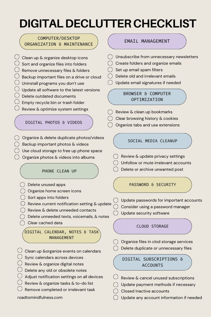 the digital deluter checklist is shown in purple and blue, with words above it