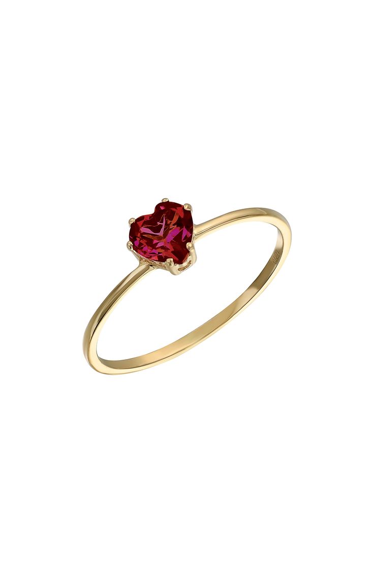 A faceted red garnet heart sparkles on a slender ring handcrafted from gleaming 14-karat gold. Total garnet weight: 0.50ct. 14k gold/red garnet Made in Spain Classic 14k Gold Heart-shaped Birthstone Ring, Classic Heart-shaped Ruby Ring, 14k Gold Heart Cut Red Jewelry, Gold Heart-shaped Ruby Ring In 14k Gold, Elegant Red Heart Ring In 14k Gold, 14k Gold Heart Cut Red Heart Ring, Gold Heart-shaped 14k Gold Ruby Ring, 14k Gold Red Heart Cut Ring, Red 14k Gold Heart Cut Jewelry