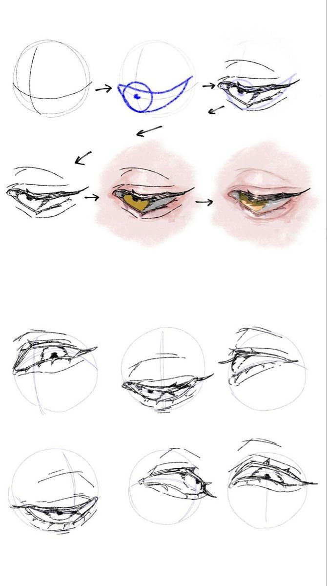 an image of how to draw eyes with different angles and shapes, including the eyelide