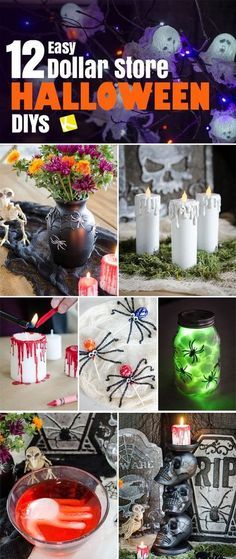 halloween decorations and candles are featured in this collage