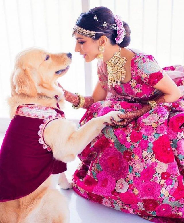 a woman in a pink dress petting a dog