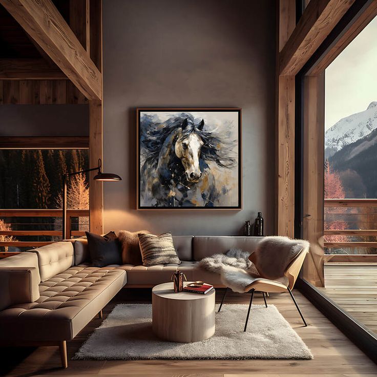 a living room filled with furniture and a horse painting hanging on the wall above it