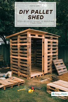 a wooden shed with the words diy pallet shed on it