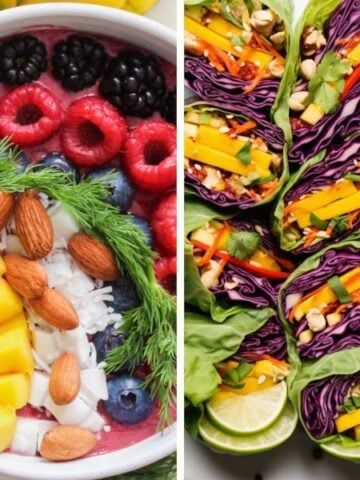 two pictures with different foods in them and one has fruit on the side, while the other has nuts