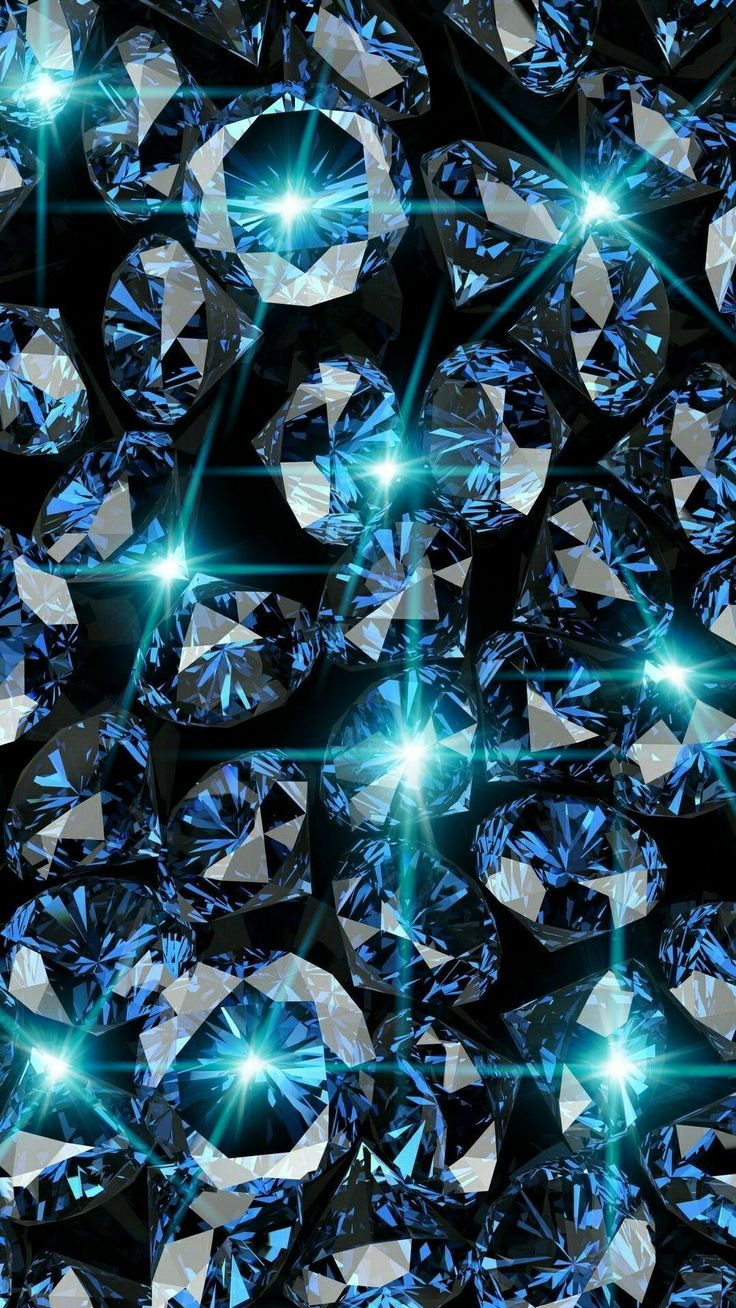 many blue diamonds are arranged in rows on a black background with green and white lights