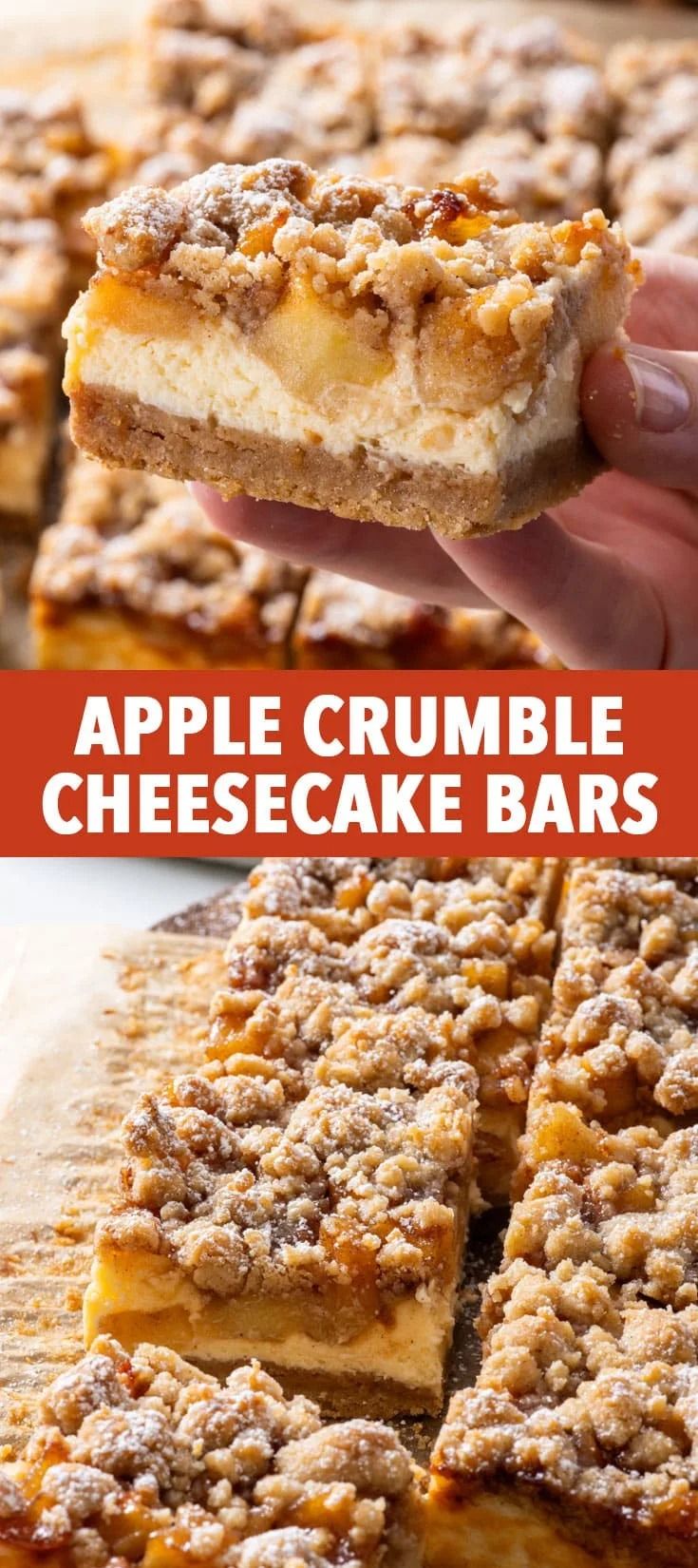 an apple crumble cheesecake bar is cut into squares