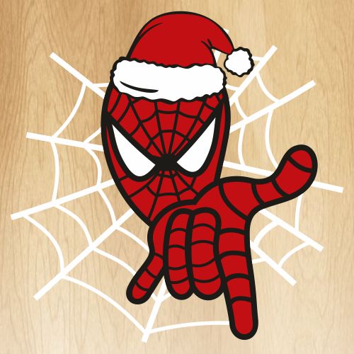 a spider - man with a santa hat on his head is in front of a wooden background