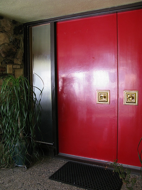 a red door and some plants in front of it