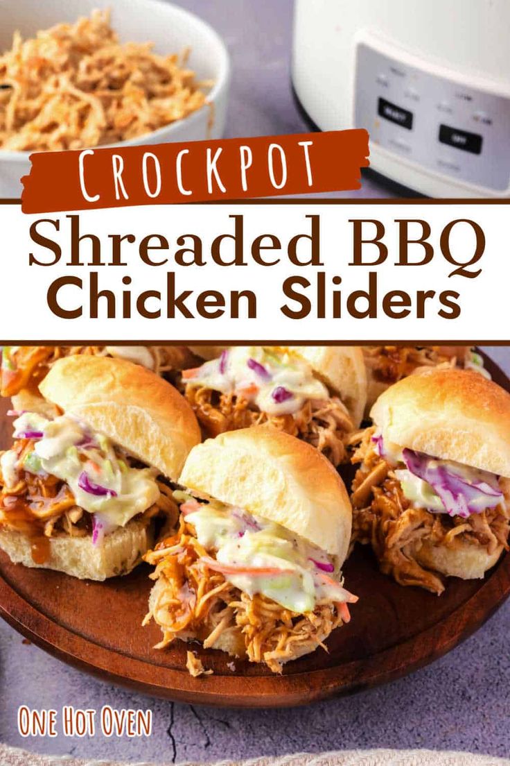 The best easy sandwich, potluck or picnic food is Hawaiian rolls stuffed with pulled chicken that's juicy, saucy, and moist enough to eat on its own - our BBQ chicken sliders fit the bill perfectly! We've designed this easy chicken sliders recipe featuring crockpot roasted chicken cooked in homemade BBQ sauce. These crowd-pleasing barbecue sliders are hand-held mini sandwiches stuffed with the saucy, moist pulled chicken, topped with creamy coleslaw, and perfect for parties, game-day, or easy bu Bbq Chicken Sliders With Coleslaw, Crockpot Sliders Hawaiian Rolls, Bbq Chicken Sandwich With Coleslaw, Pulled Chicken Sliders Recipes, Barbecue Sliders Hawaiian Rolls, Barbeque Chicken Sliders Hawaiian Rolls, Bbq Chicken Sliders Crockpot, Crockpot Sliders Recipes, Bbq Sliders Recipes Hawaiian Rolls