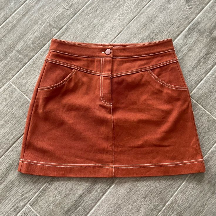 Brand New, Taggs Attached Size L (30) Zara Skirt Brown With White Stitching Orange Cotton Skirt For Fall, Zara Orange Bottoms For Work, Orange Workwear Skirt With Lining, Orange Lined Skirt For Workwear, Orange Lined Skirt For Work, Zara Brown Casual Mini Skirt, Casual Brown Zara Mini Skirt, Orange Relaxed Mini Skirt, Orange Relaxed Fit Mini Skirt