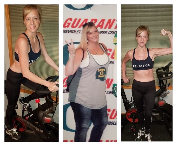 two pictures of a woman standing on an exercise bike and posing with her arms in the air