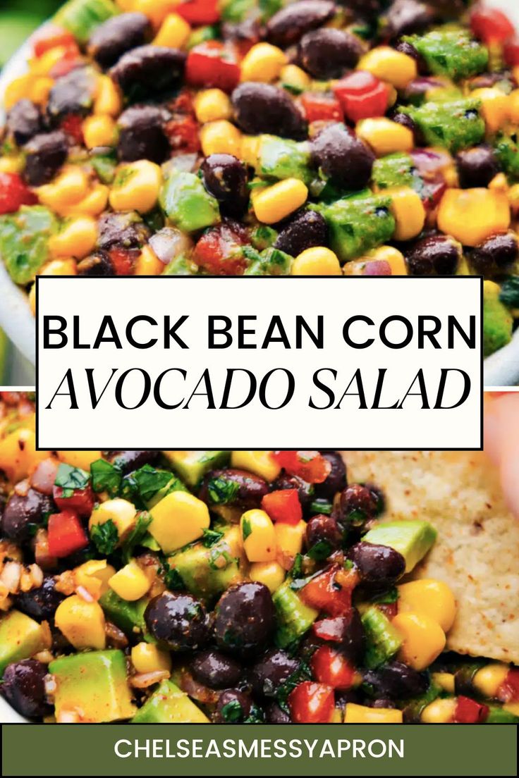 black bean corn and avocado salad in a white bowl with tortilla chips