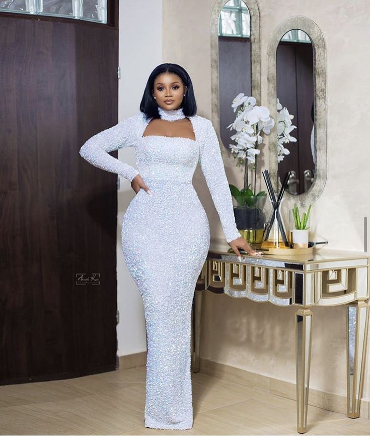 Best Asoebi Styles to Rock This Week – Stylexone Sequence Gown, White Dress Long, Dinner Gown, Dinner Dress Classy, Lace Dress Styles, Sequence Dress, African Wedding Dress, Plus Size Bodycon, Midi Dress Style