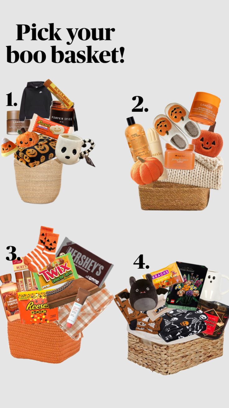 a basket filled with lots of different items and text that reads pick your boo basket