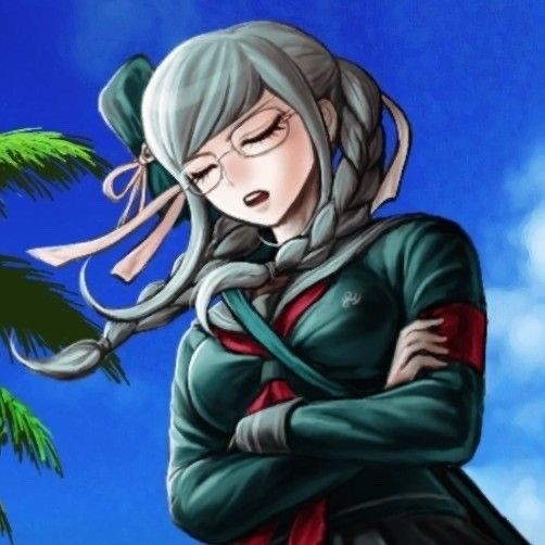 an anime character with long gray hair standing next to a palm tree