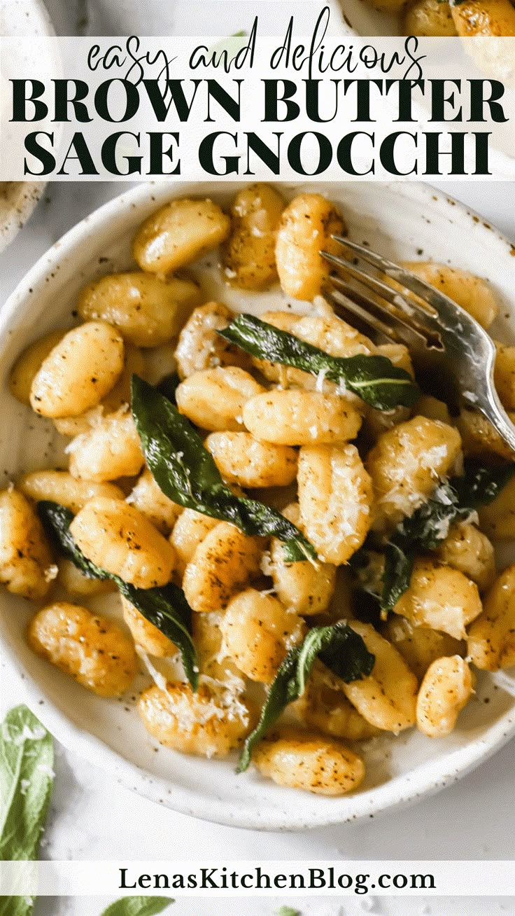 a white bowl filled with brown butter sage gnocchi