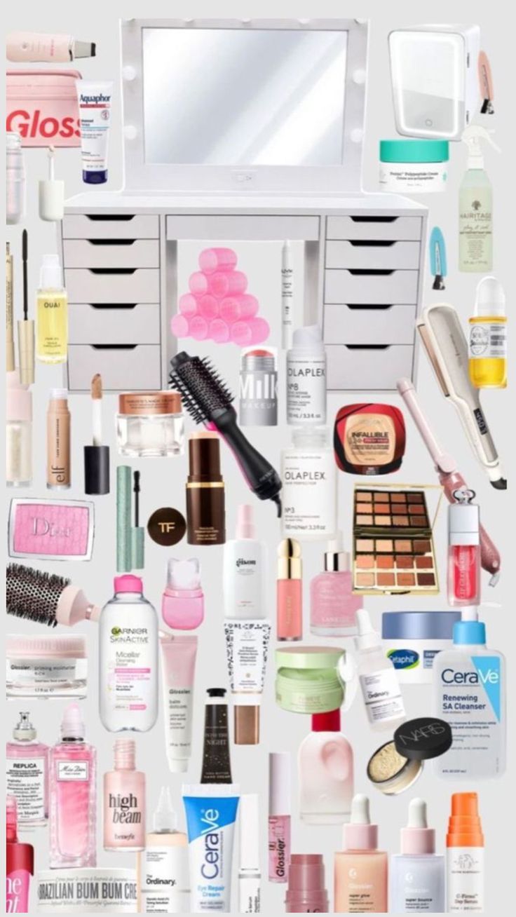 an assortment of cosmetics and beauty products displayed in front of a white wall mounted mirror