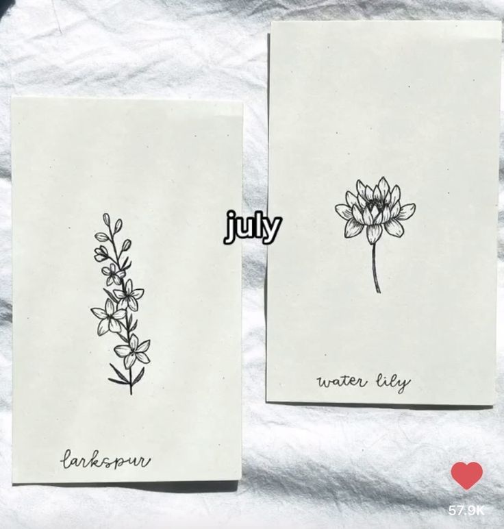 two cards with flowers on them and the words july written in cursive writing