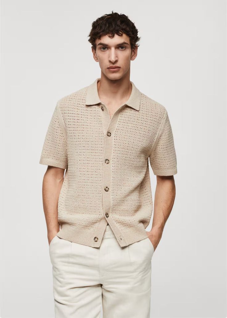 Openwork knit polo with buttons - Men | Mango Man USA Men's Summer Outfit, Dressing Ideas, Wedding Outfit Men, Beige Outfit, Knit Polo, Mango Man, Men Fashion Casual Outfits, Summer Knitting, Polo Neck