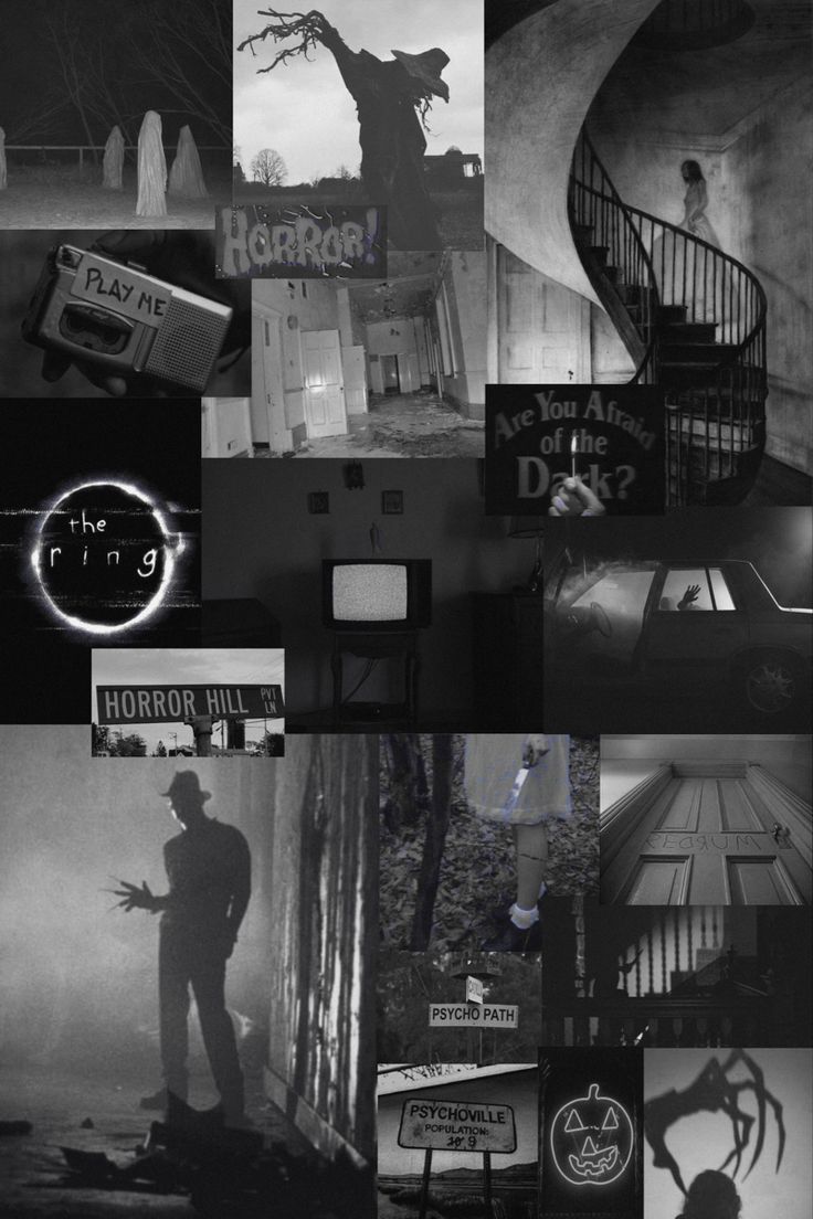 black and white collage with various images including stairs, signs, and people in the background