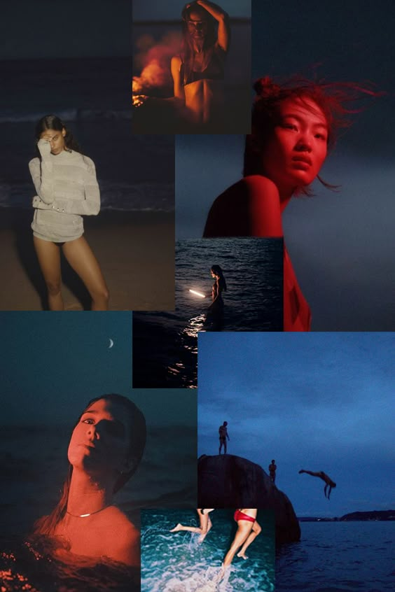 the collage shows several different images of people in swimsuits and at night