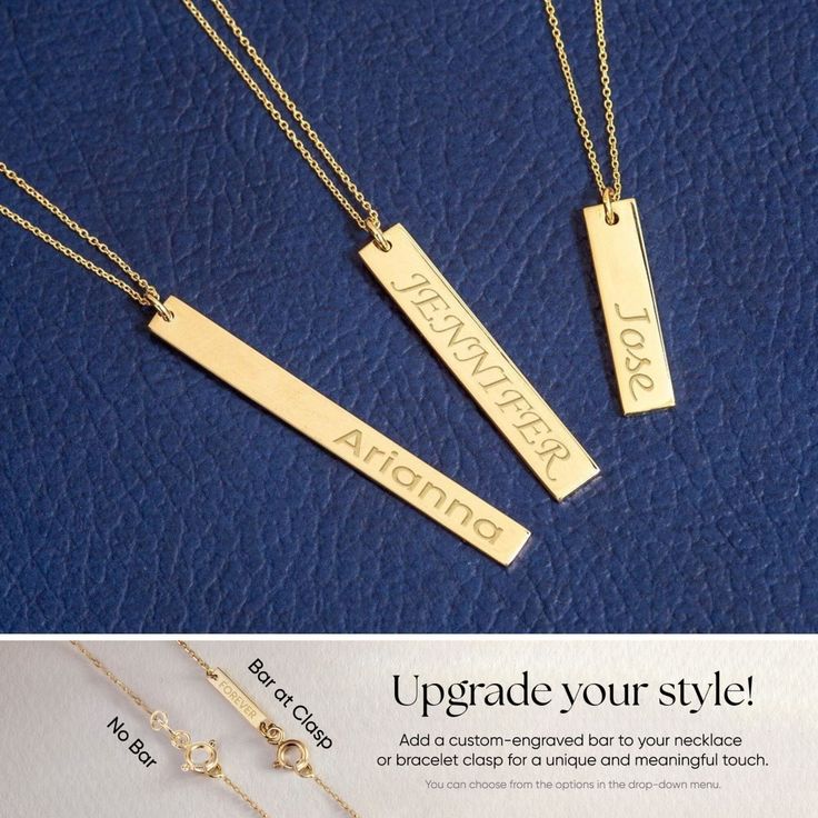 "14K Solid Gold Personalized Vertical Bar Necklace is the gift for the wedding, bridesmaid, mother's gift and gift for her. Material: Solid Gold (real gold, no gold filled or no gold plated material) Karat: 14 K (585) Available gold color: Yellow, rose and white Pendant Sizes: 20mm X 5mm Height of the bar: 2.0 cm (0.79 inches) Width of the bar: 5.0 mm (0.20 inches) 30mm X 5mm Height of the bar: 3.0 cm (1.18 inches) Width of the bar: 5.0 mm (0.20 inches) 40mm X 4mm Height of the bar: 4.0 cm (1.57 inches) Width of the bar: 4.0 mm (0.06 inches) Longitude, coordinates, names, your special date or any word special for you are engraved. Both sides of the pendant is available for engraving. The bar and the chain is solid 14k gold. The material is not gold filled or gold plated. The necklace is ma Elegant Rectangular Bar Necklace As Gift, Elegant Rectangular Bar Necklace For Gift, Elegant Rectangular Bar Necklace Gift, Custom Name Gold Jewelry For Wedding, Elegant Necklace With Engraving Option For Anniversary, Elegant Necklaces With Engraving Option For Anniversary Gift, Wedding Necklaces With Engraving Option For Valentine's Day, Engraving Option Necklaces For Wedding And Valentine's Day, Customizable Pendant Necklace For Weddings