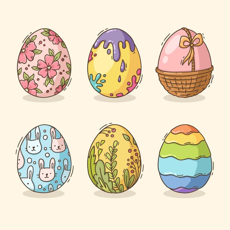 an image of easter eggs with different designs on the front and back, all decorated in pastel colors