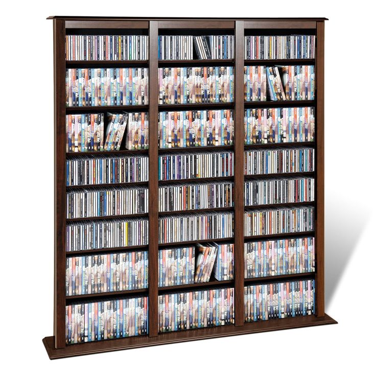 a large black bookcase filled with lots of dvd's