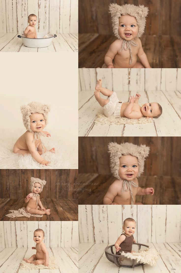 a baby is sitting on the floor and posing for a photo