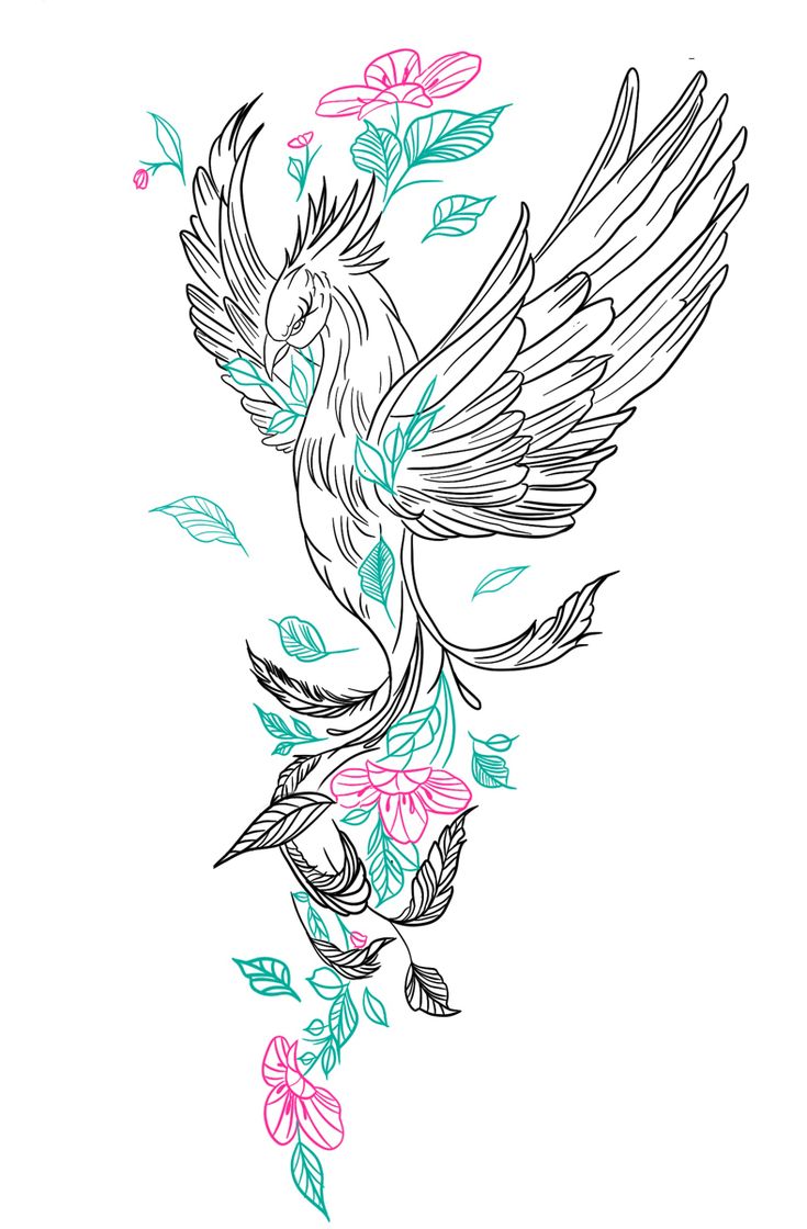 a drawing of a bird with flowers on it's back and wings flying in the air