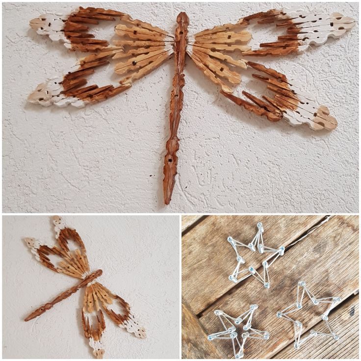 four different pictures of wooden wings and stars hanging on the wall, one is made out of wood